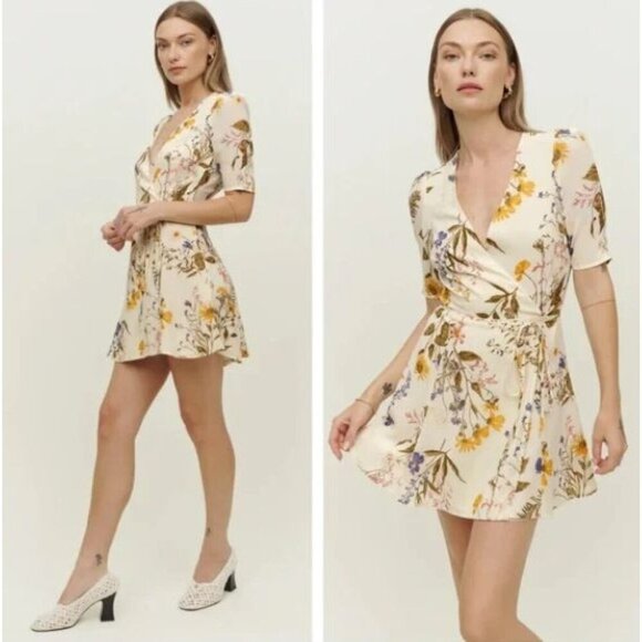 Reformation Dresses & Skirts - Reformation Lucky Wrap Mini Dress in Frolic Floral Dress Boho XL Summer Beachy